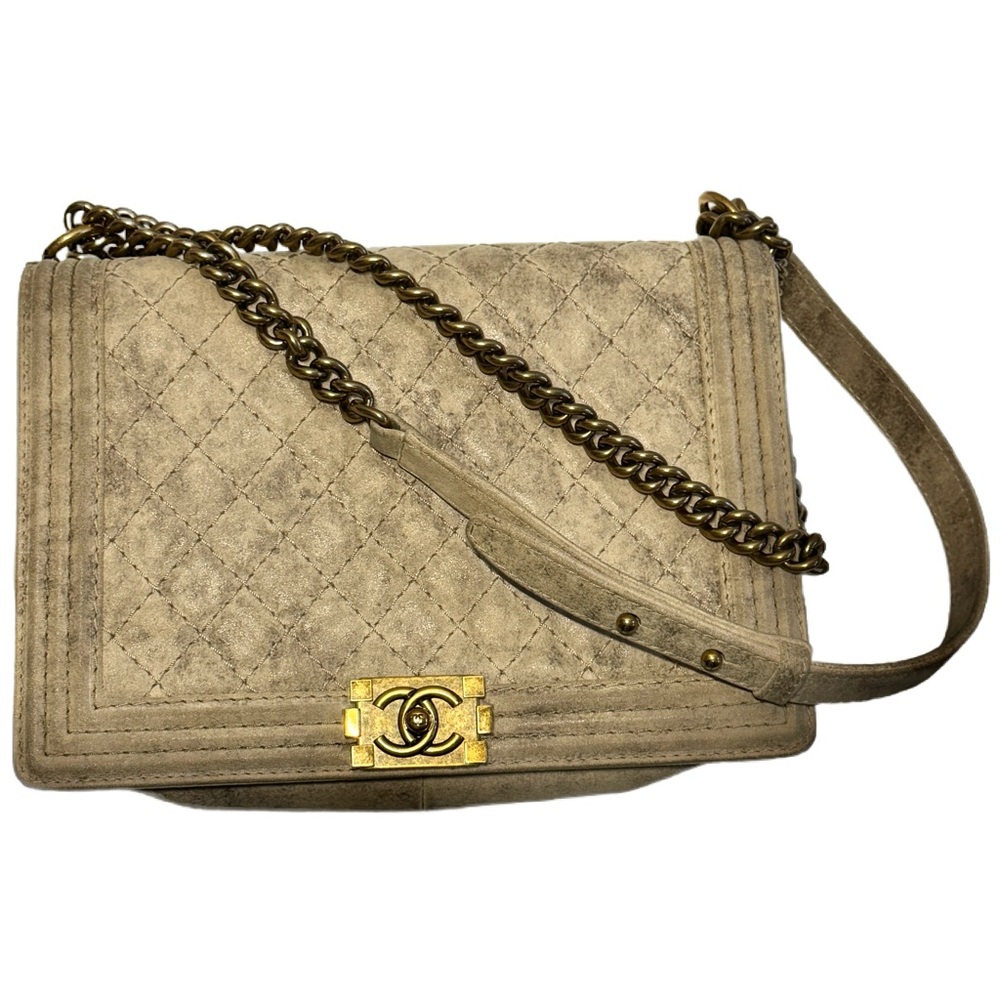 Chanel Large Boy Bag Quilted Suede Beige‎ with Antique Gold Hardware NWOT